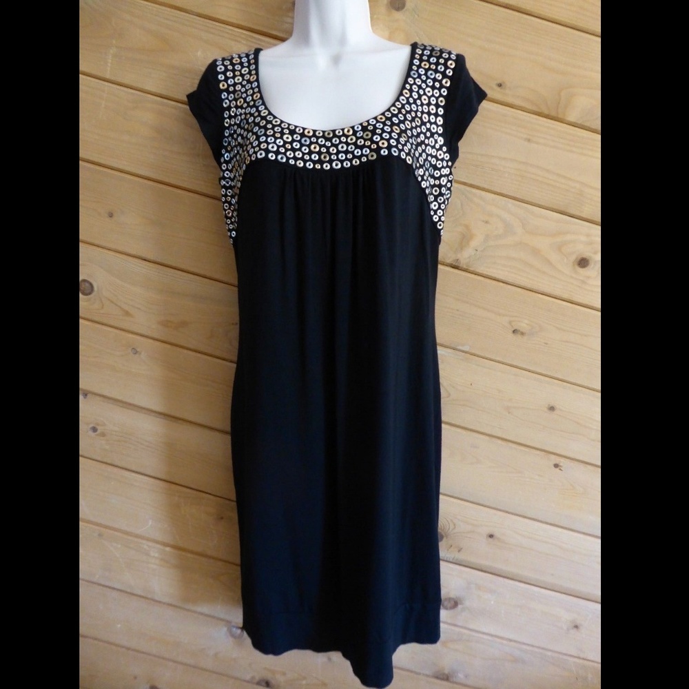 Cache Black Studded Beaded Evening Cap Sleeve Jersey Stretch Dress S